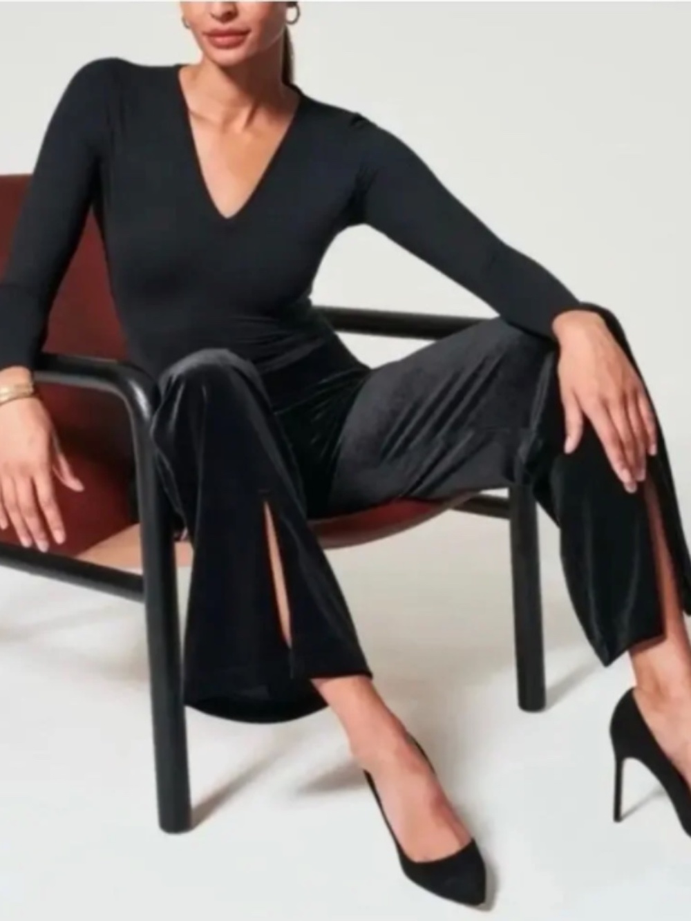 NWT SPANX Very Black Velvet front Slit Wide-Leg Pants